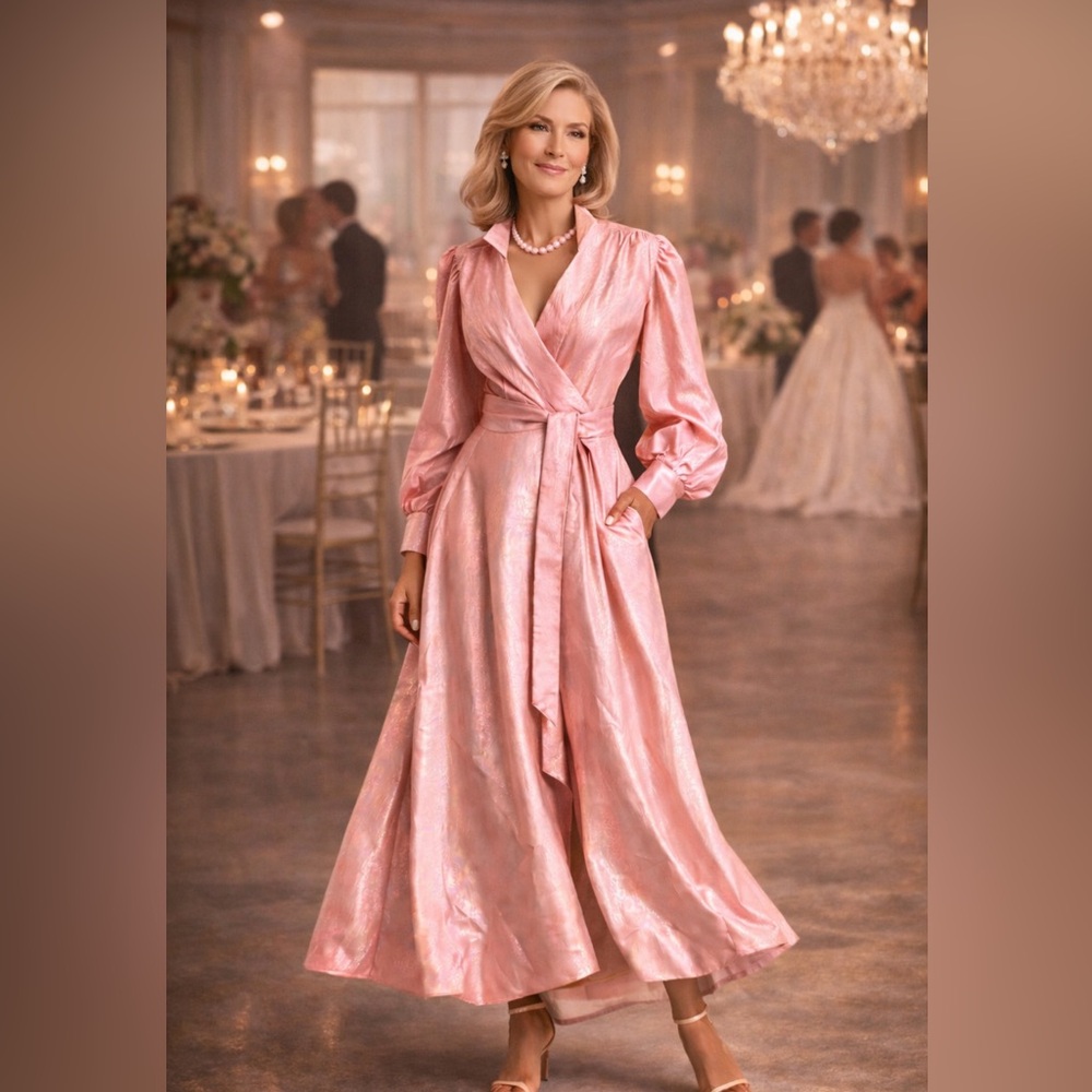 Madelene Simon,Metallic Pink,Wrap Dress,Statement Sleeve,Pockets Evening,Size XS
